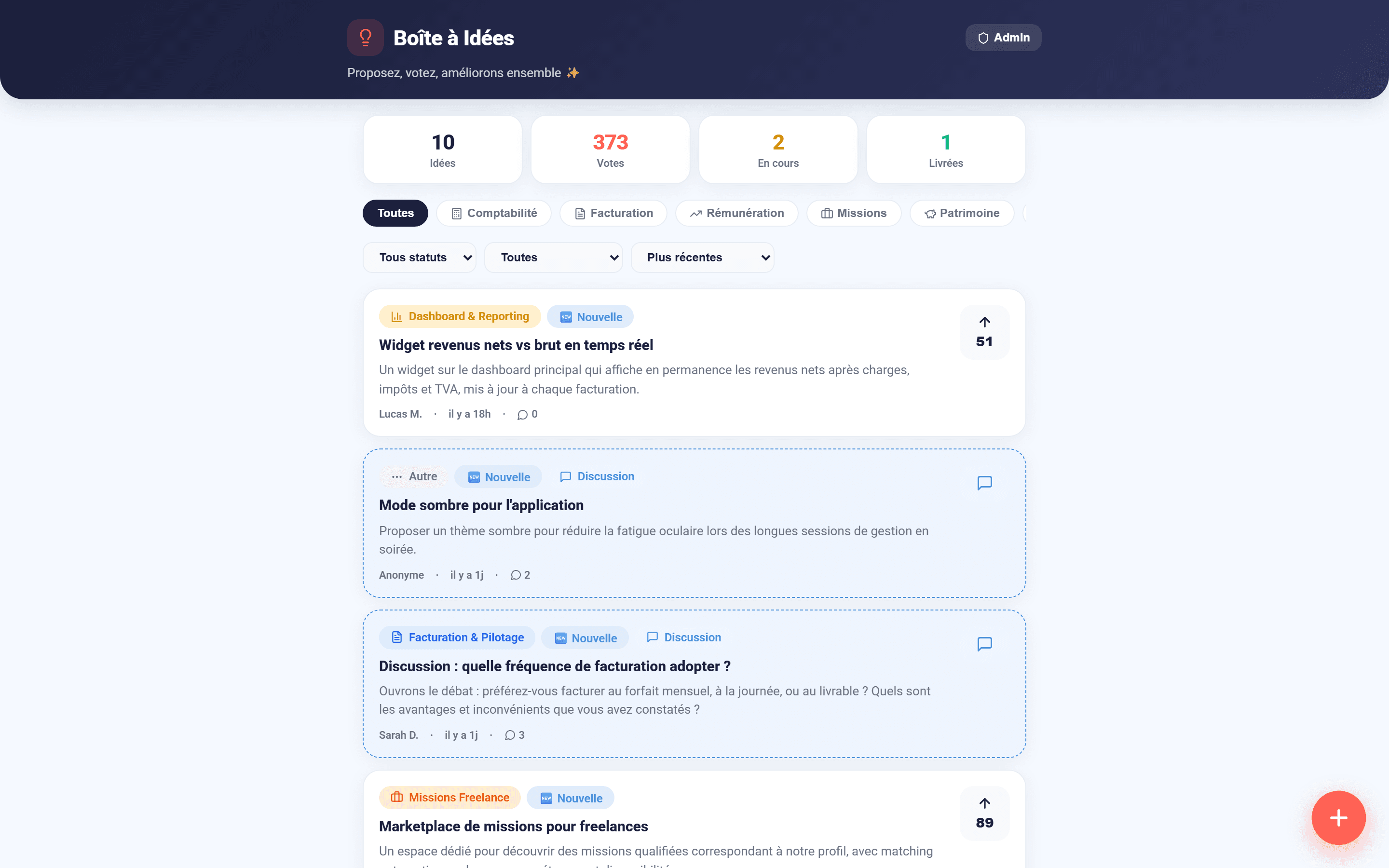 Aperçu de l'application Boîte à Idées