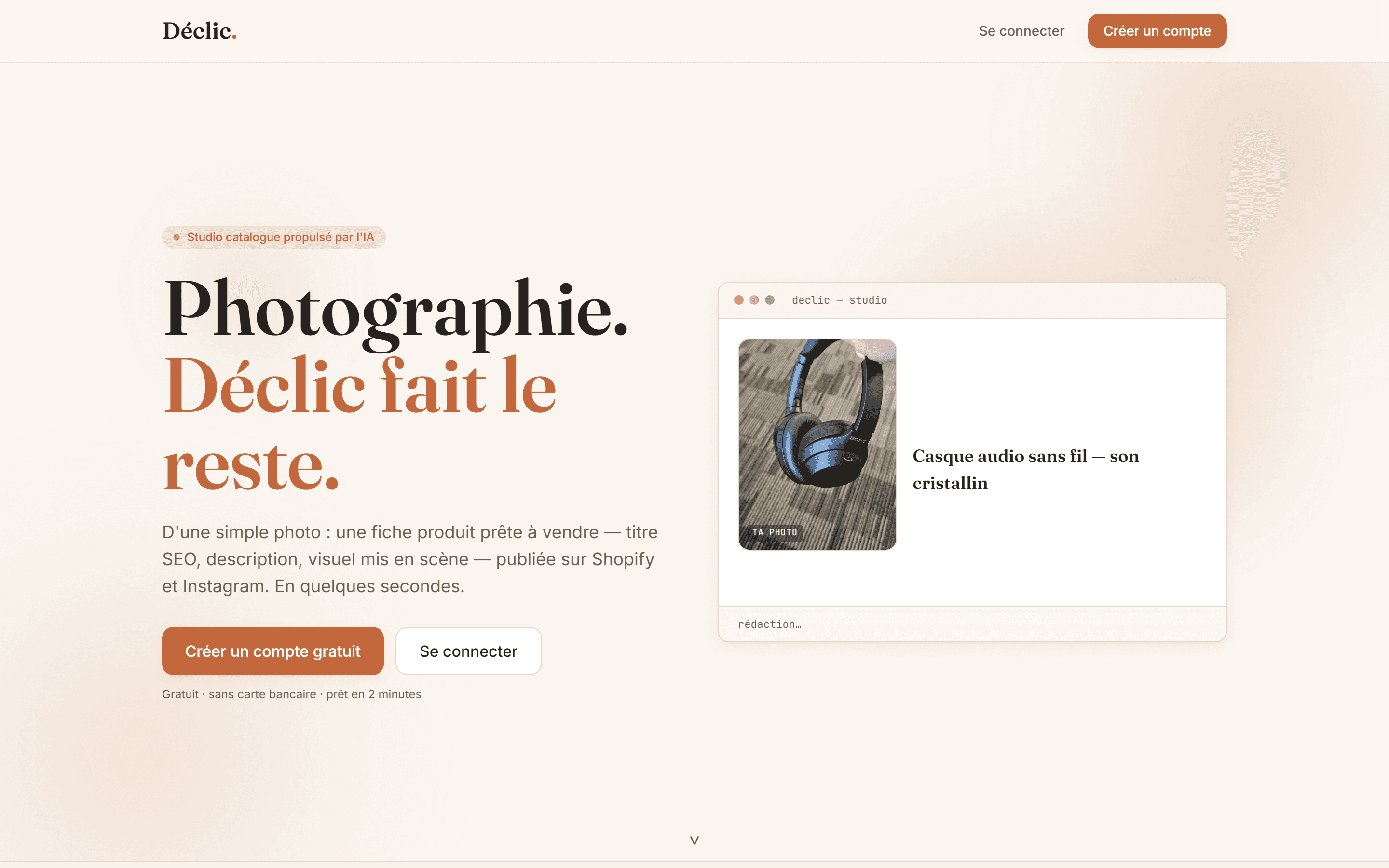 Aperçu de la landing page de Déclic