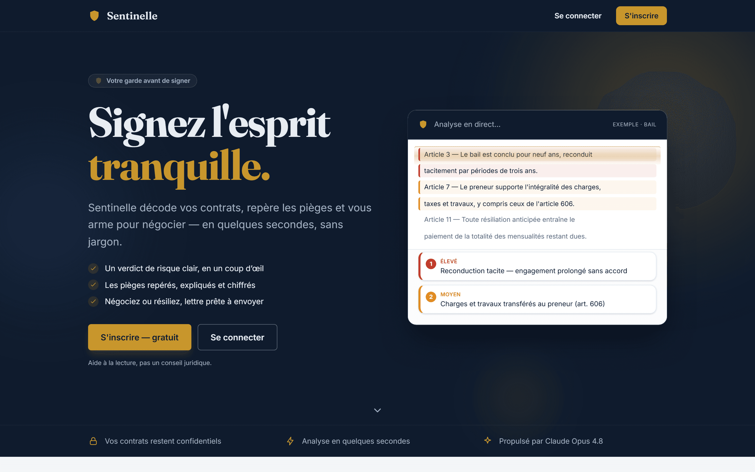 Aperçu de la landing page de Sentinelle